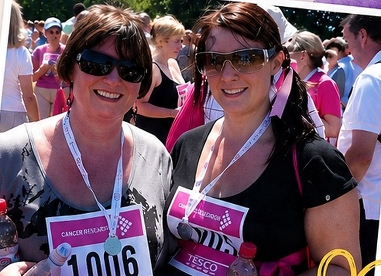 Tamsin and her mum Sarah at a charity run, wearing race numbers and smiling in the sunshine.